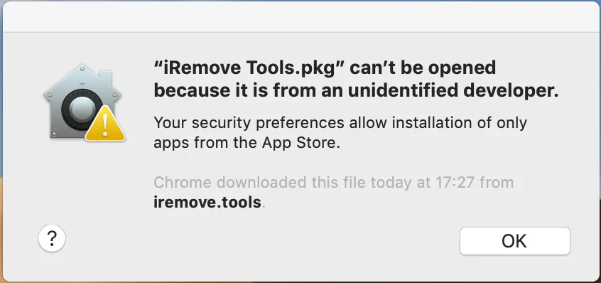 iRemove Software - can't be opened because it is from an unidentified developer step 1