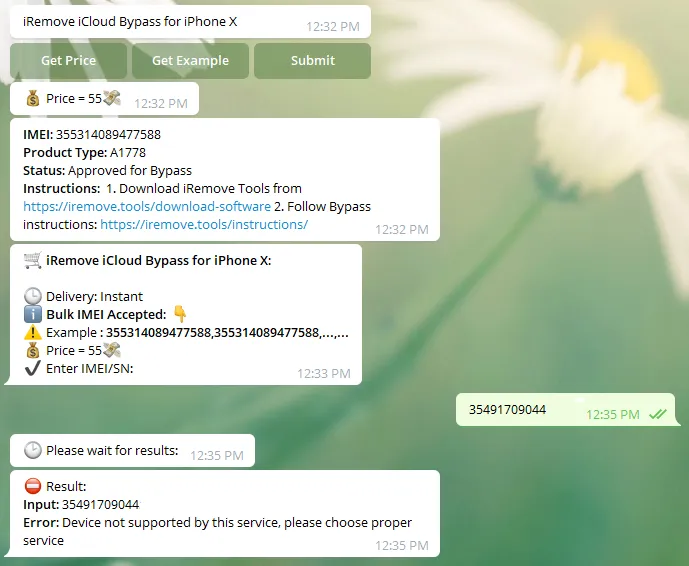 iRemove Telegram Bot rejected order