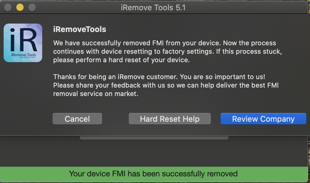 Turn FMI OFF process using iRemove Software successfully done