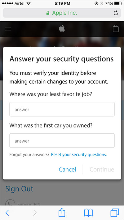 Renewing access to Apple ID account through answers to Apple ID security questions
